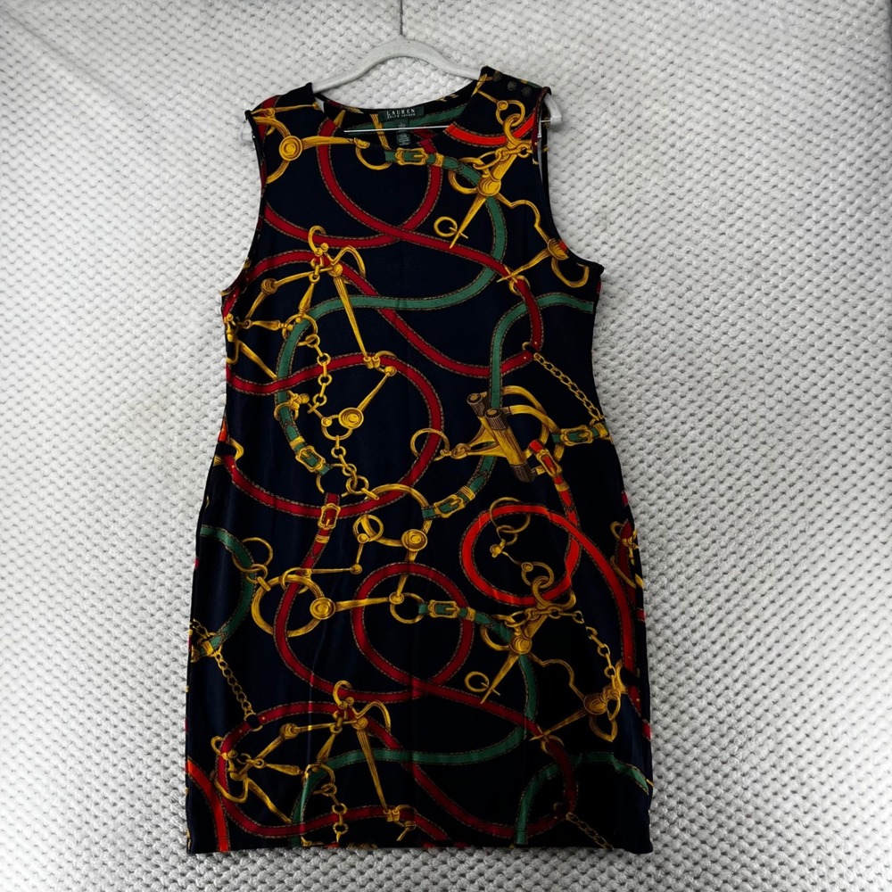 Lauren Ralph Lauren Black Midi Dress with Gold, Red & Green Chain Print